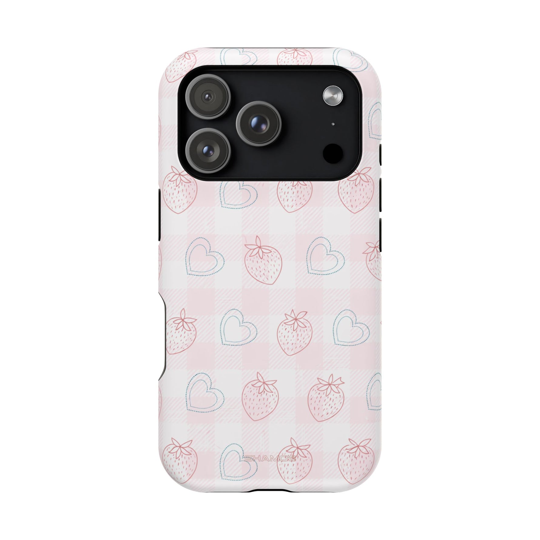 Strawberry Hearts MagSafe Compatible Phone Case | 'Paint it your way' Pink Plaid Impact-Resistant
