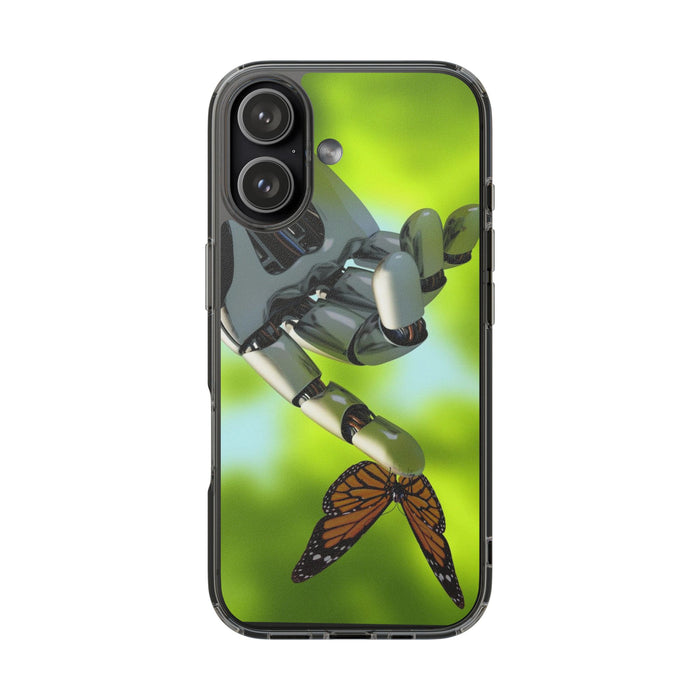 Clear Cases for iPhone 14 Series with Robotic hand and Butterfly.