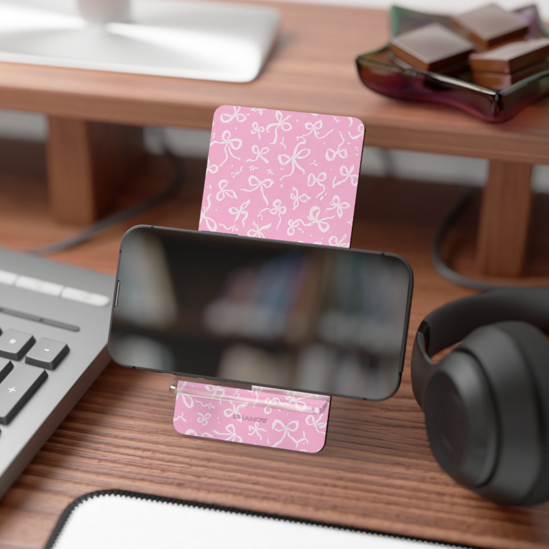 Pink Ribbon Pattern Phone Stand – Foldable Mobile Display Stand
