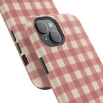 Prairie Gingham MagSafe Phone Case, glossy diagonal dual-camera model, camera and side-button close-up