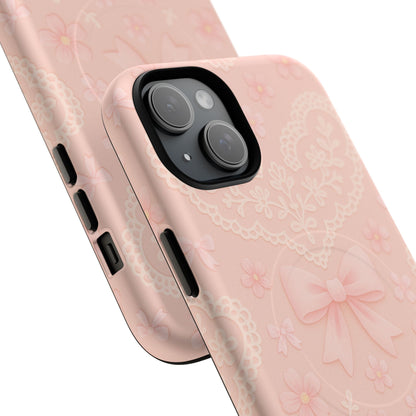 Balletcore Pink Floral Lace iPhone Case with Bow | Works with MagSafe