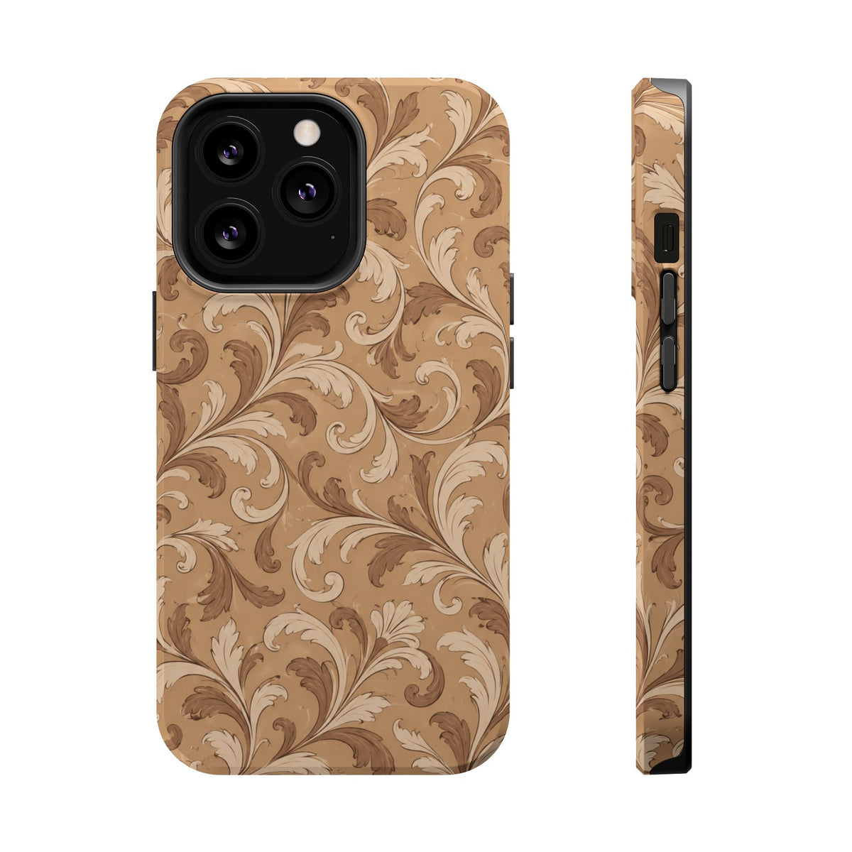 Saddle Scrolls – Tan Western Scrollwork MagSafe Phone Case, glossy iPhone 13 Pro, rear and side profile