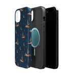 Desert Moon MagSafe Phone Case, glossy diagonal dual-camera model, exploded shell and liner with magnetic ring