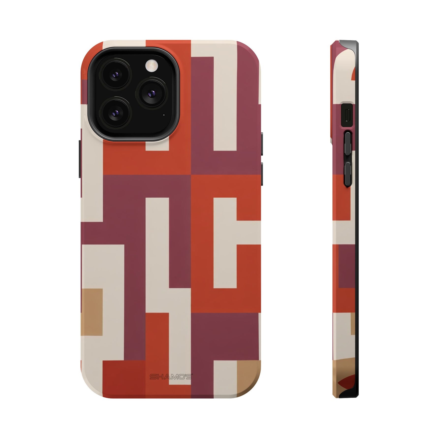Retro Geometric Magnetic MagSafe Compatible Impact Phone Case — Bold Red & Terracotta Pattern