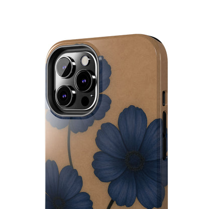 Navy Floral Tough iPhone Case — Durable Protective Case with Blue Flowers on Kraft Background