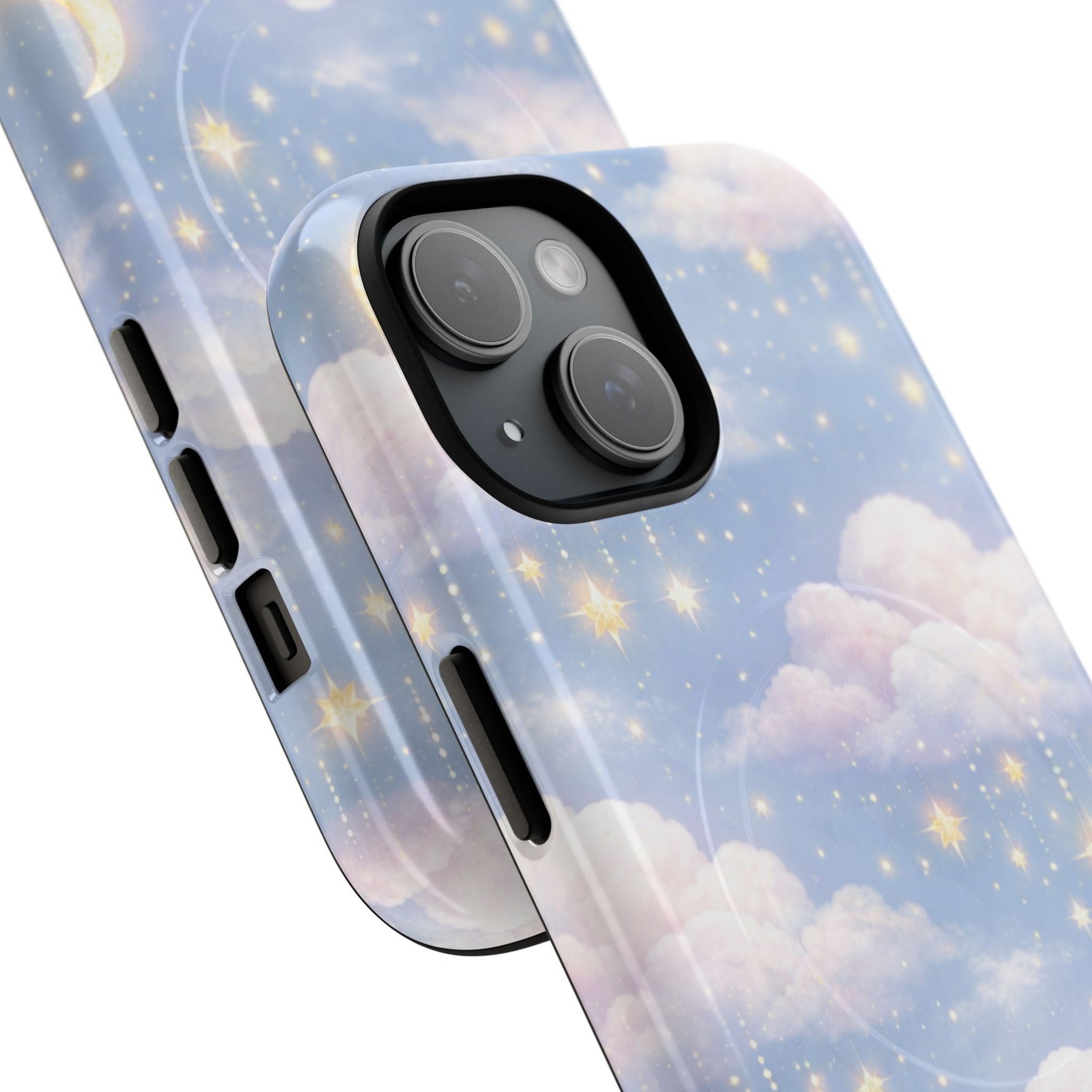 Two sizes of phone cases with starry cloud design and camera cutouts, showcasing MagSafe compatibility