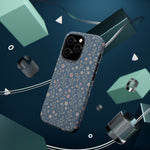 Denim Wildflowers MagSafe Phone Case, glossy square triple-camera Pro model, rear view with magnetic accessories