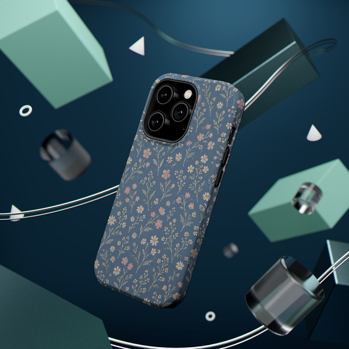 Denim Wildflowers MagSafe Phone Case, glossy square triple-camera Pro model, rear view with magnetic accessories