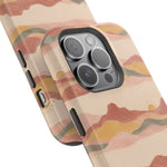 Sunset Trails – Desert Landscape MagSafe Phone Case, glossy square triple-camera Pro model, camera and side-button close-up