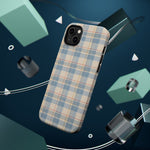 Ranch Check – Blue and Cream Plaid MagSafe Phone Case, glossy diagonal dual-camera model, rear view with magnetic accessories