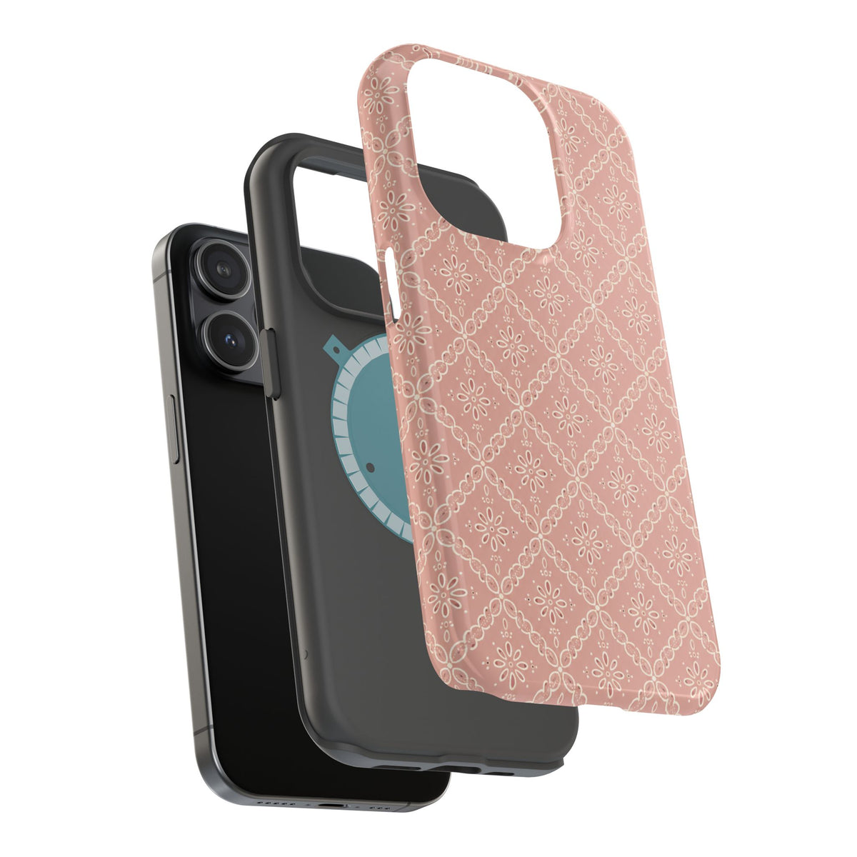 Meadow Lace – Blush Pink Lace Pattern MagSafe Phone Case, glossy square triple-camera Pro model, exploded shell and liner with magnetic ring