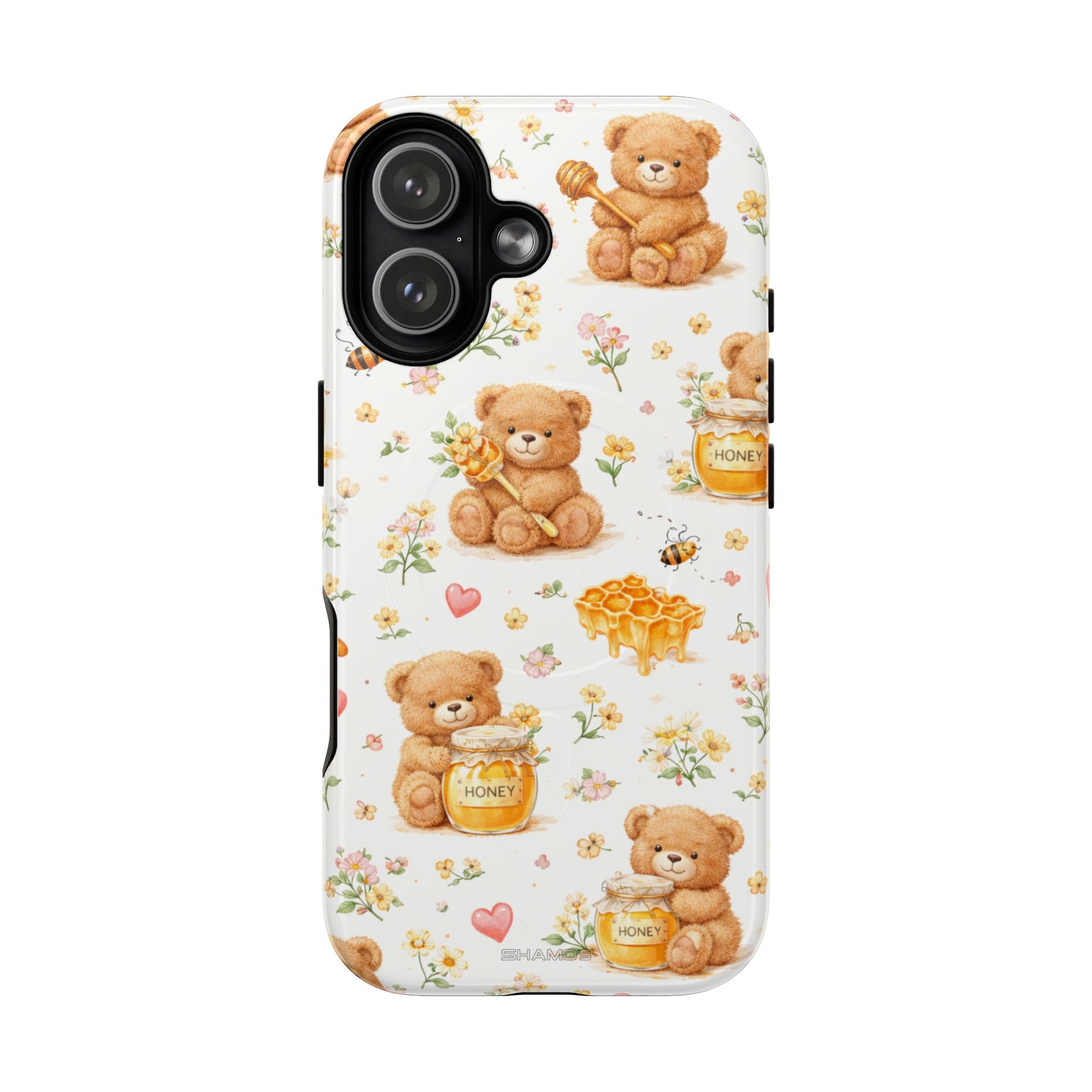 Honey Teddy Bear iPhone Case — Yellow Bee & Honey Pot Design with MagSafe