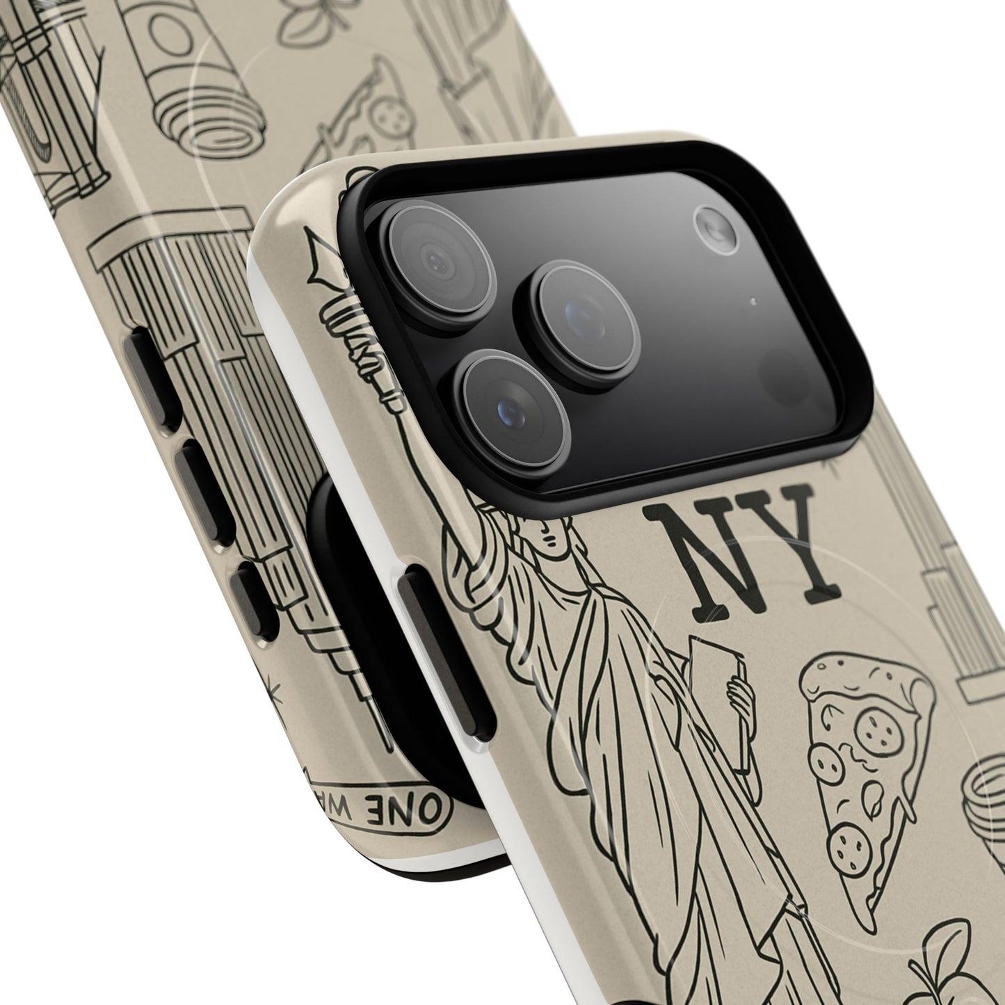 NY City Icons Tough iPhone Case — Statue of Liberty, Pizza & Taxi Pattern | Compatible with MagSafe