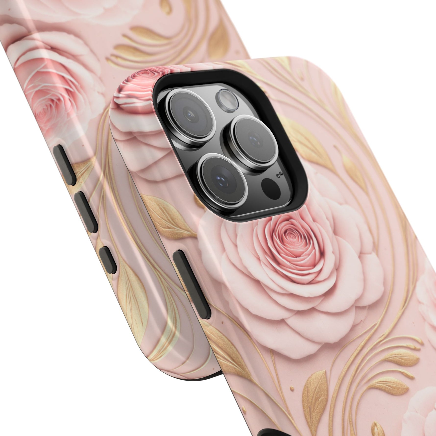 Floral Pink Rose MagSafe iPhone Case, Gold Leaf Magnetic Impact-Resistant