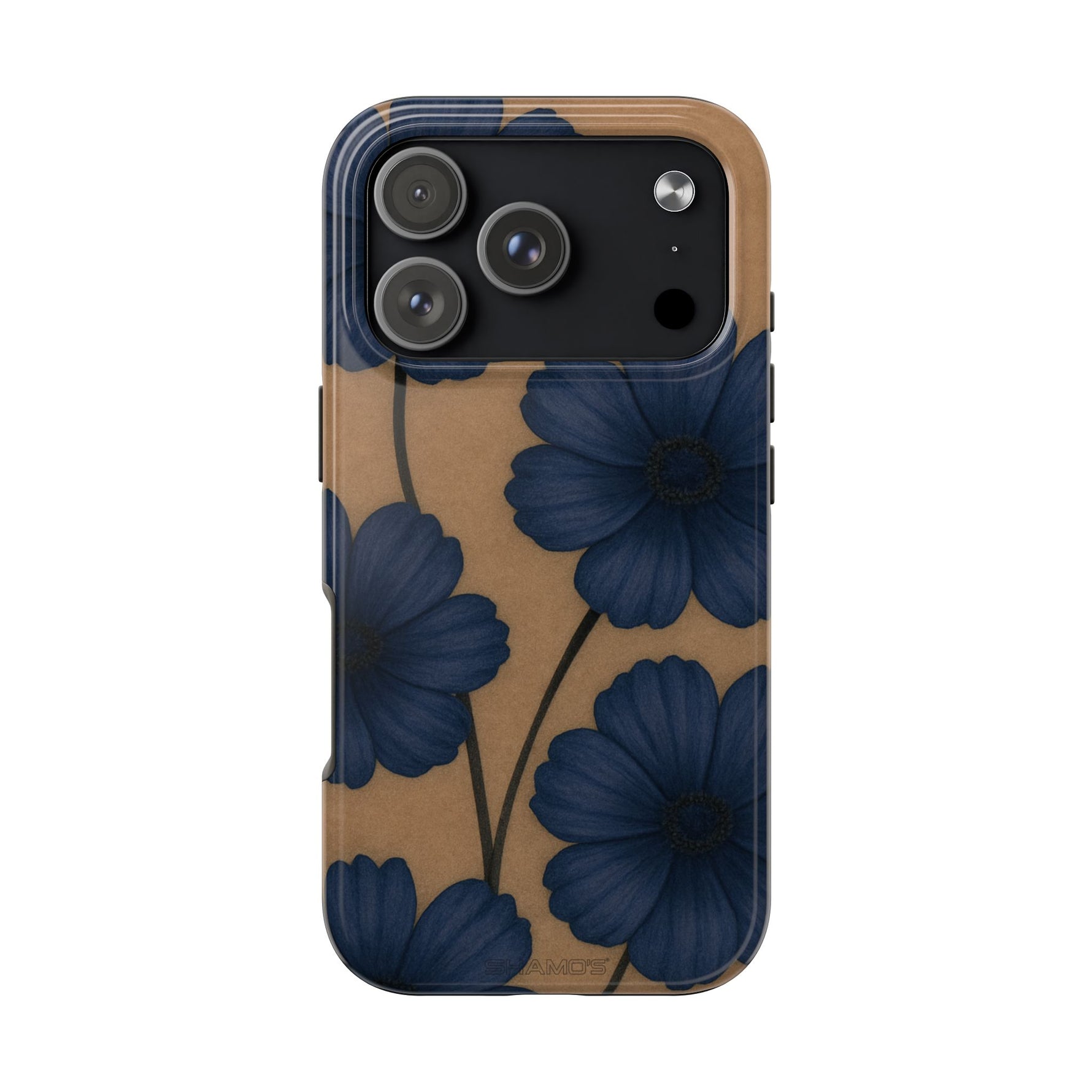 Navy Floral Tough Phone Case — Durable Protective Case with Blue Flowers on Kraft Background