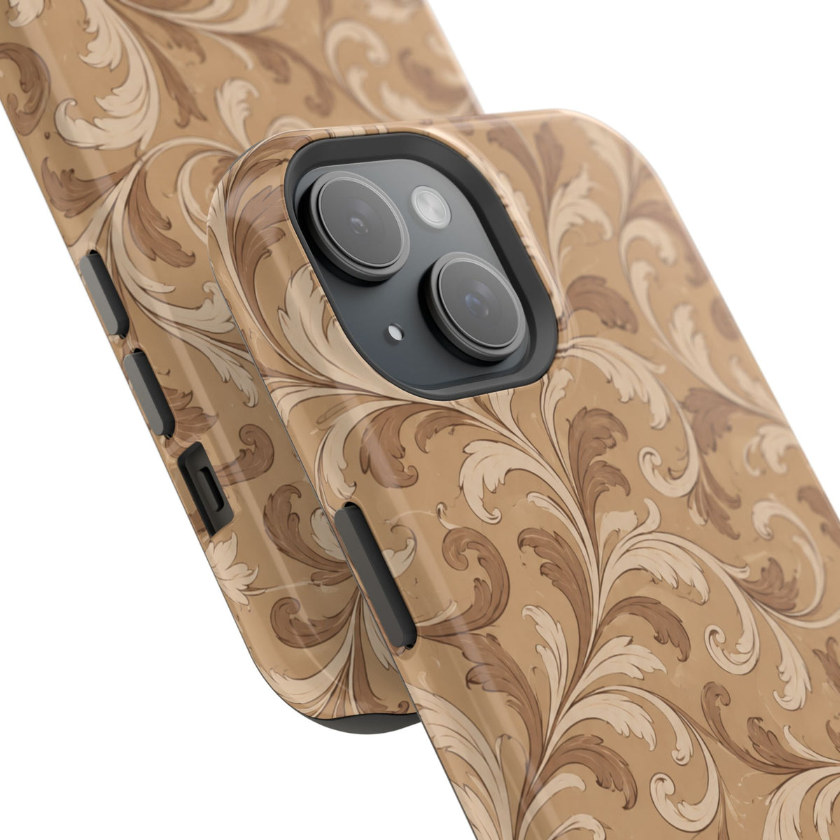 Saddle Scrolls – Tan Western Scrollwork MagSafe Phone Case, glossy diagonal dual-camera model, camera and side-button close-up