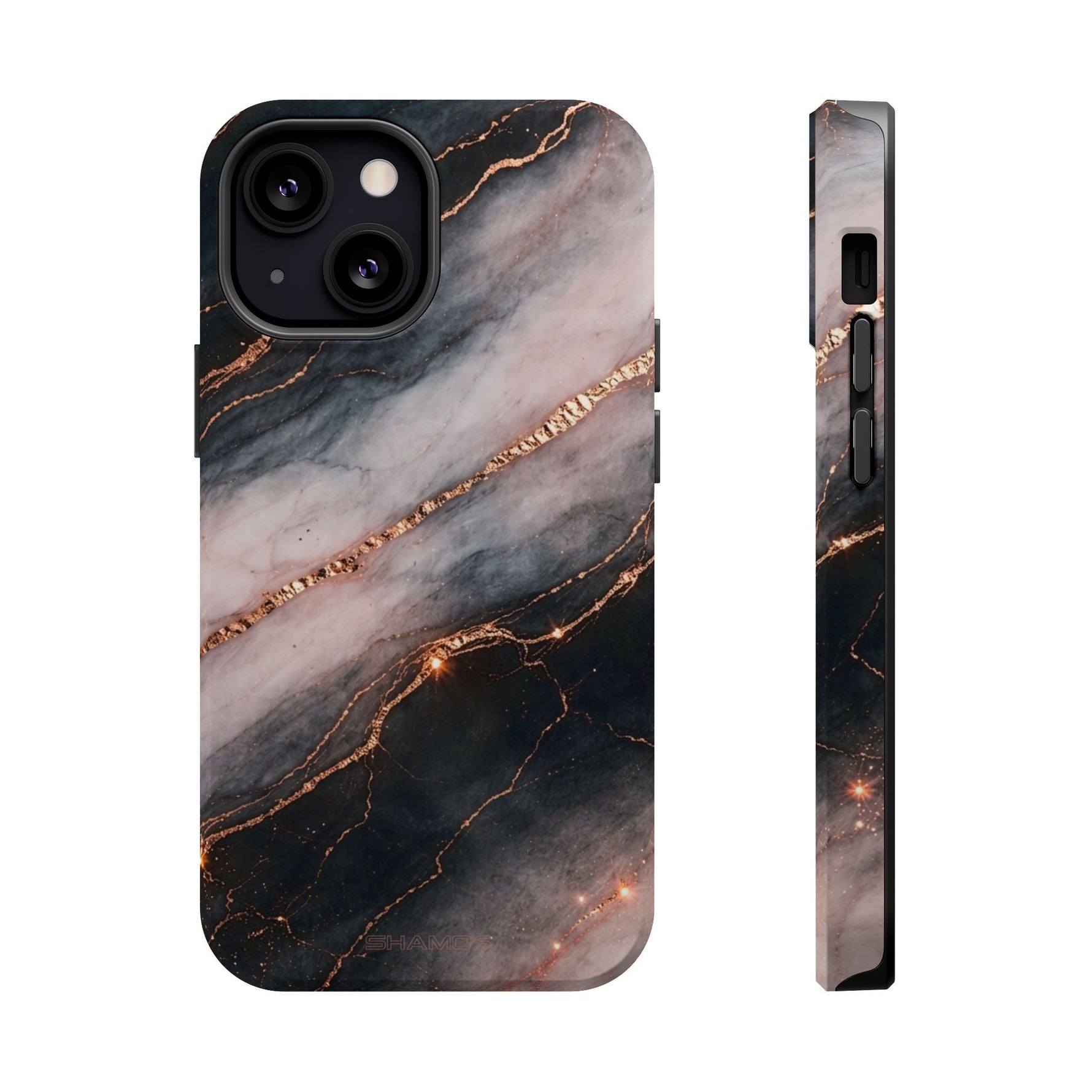 Marbled Black & Rose Gold Magnetic MagSafe Compatible Phone Case — Impact-Resistant
