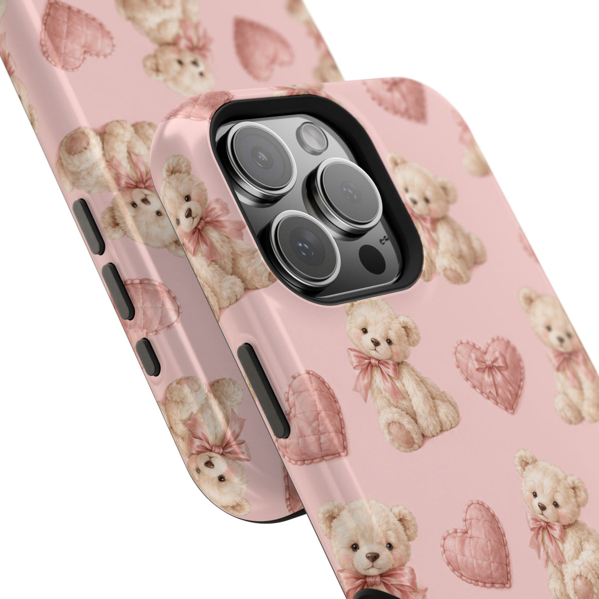 Pink Teddy Hearts Love iPhone Case, Impact-Resistant MagSafe Compatible