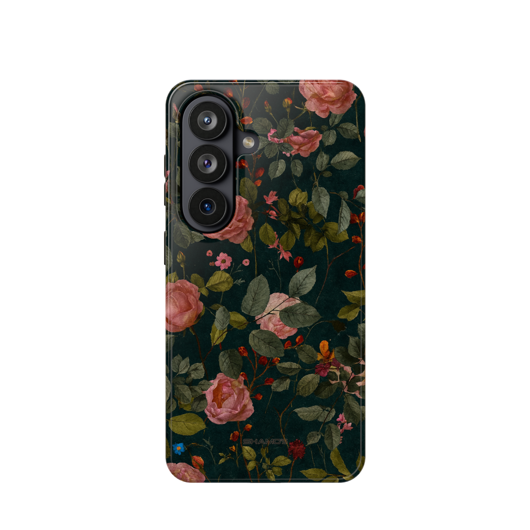 Back view of a phone case with pink roses and green foliage on a dark background