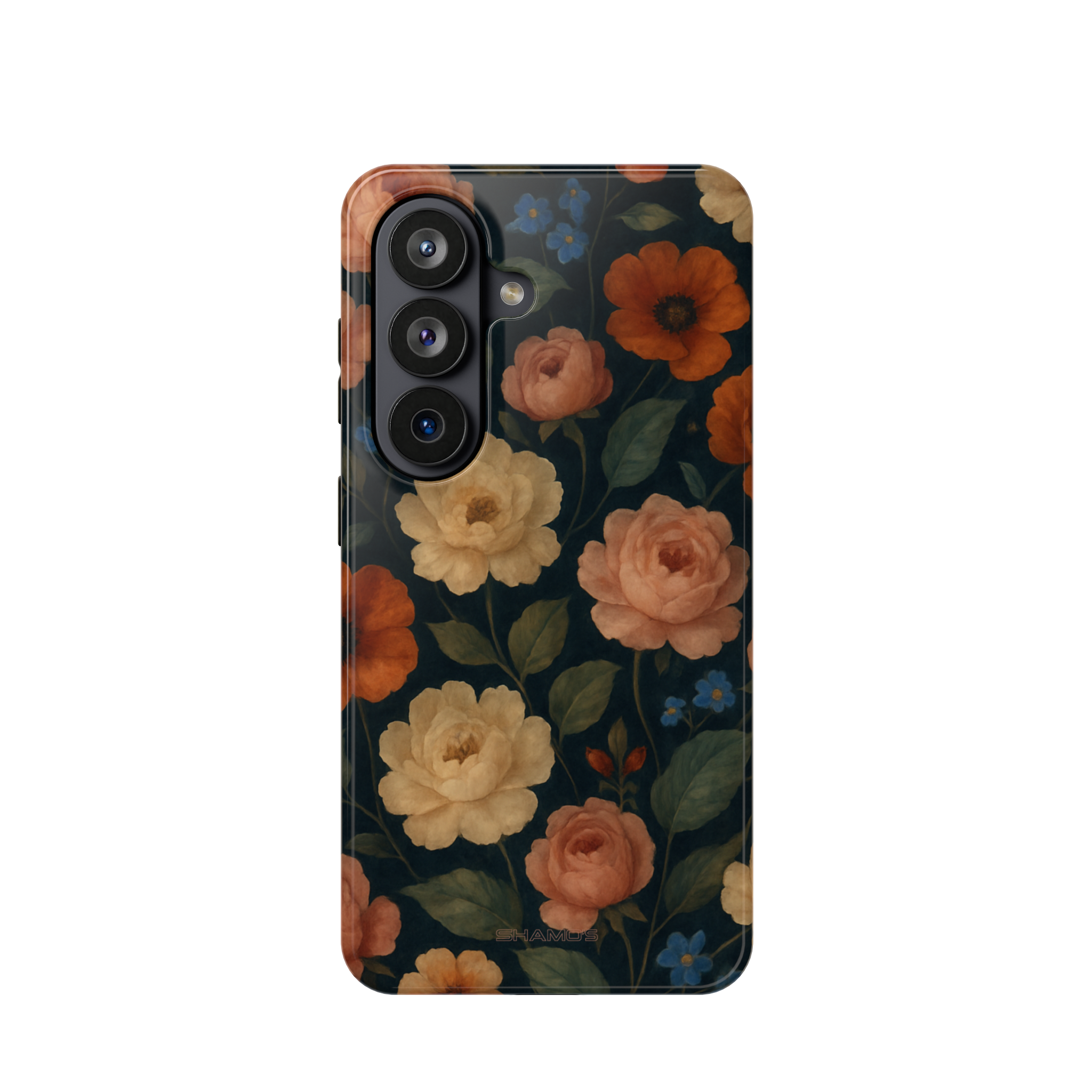 Back view of a phone case with orange and cream vintage-style flowers on navy