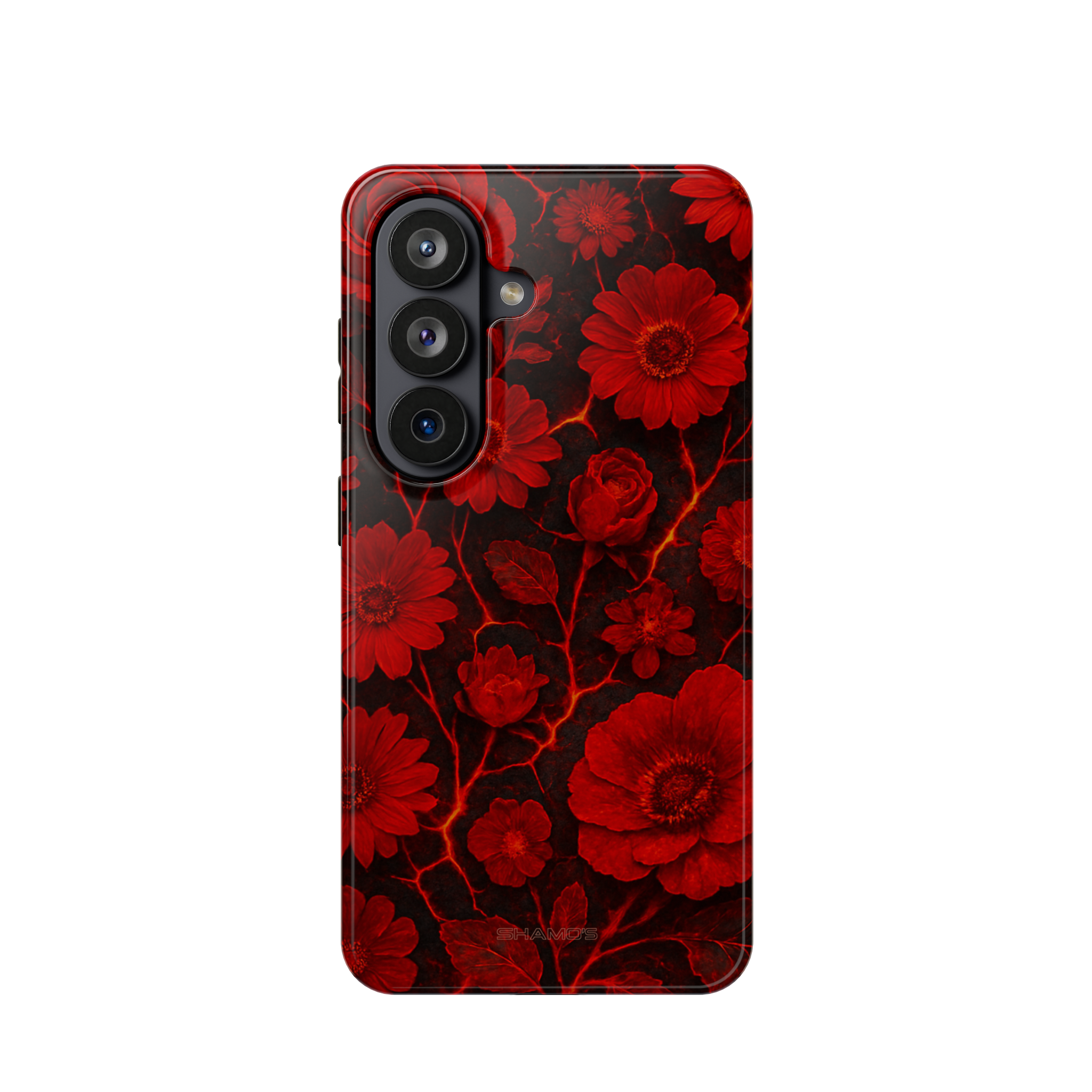 Back view of a phone case with deep red flowers on a black background