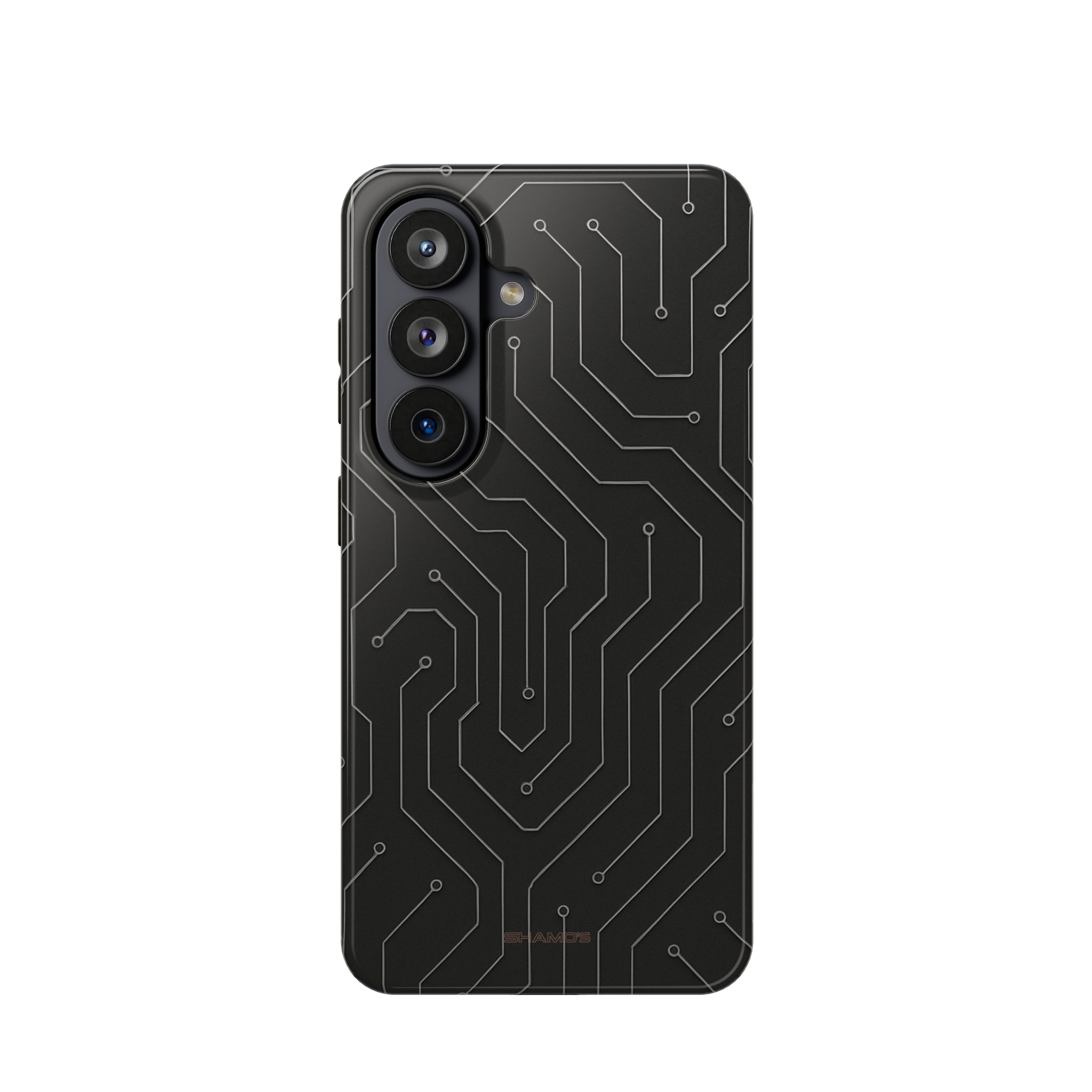 Back view of a black phone case with fine gray circuit-board lines