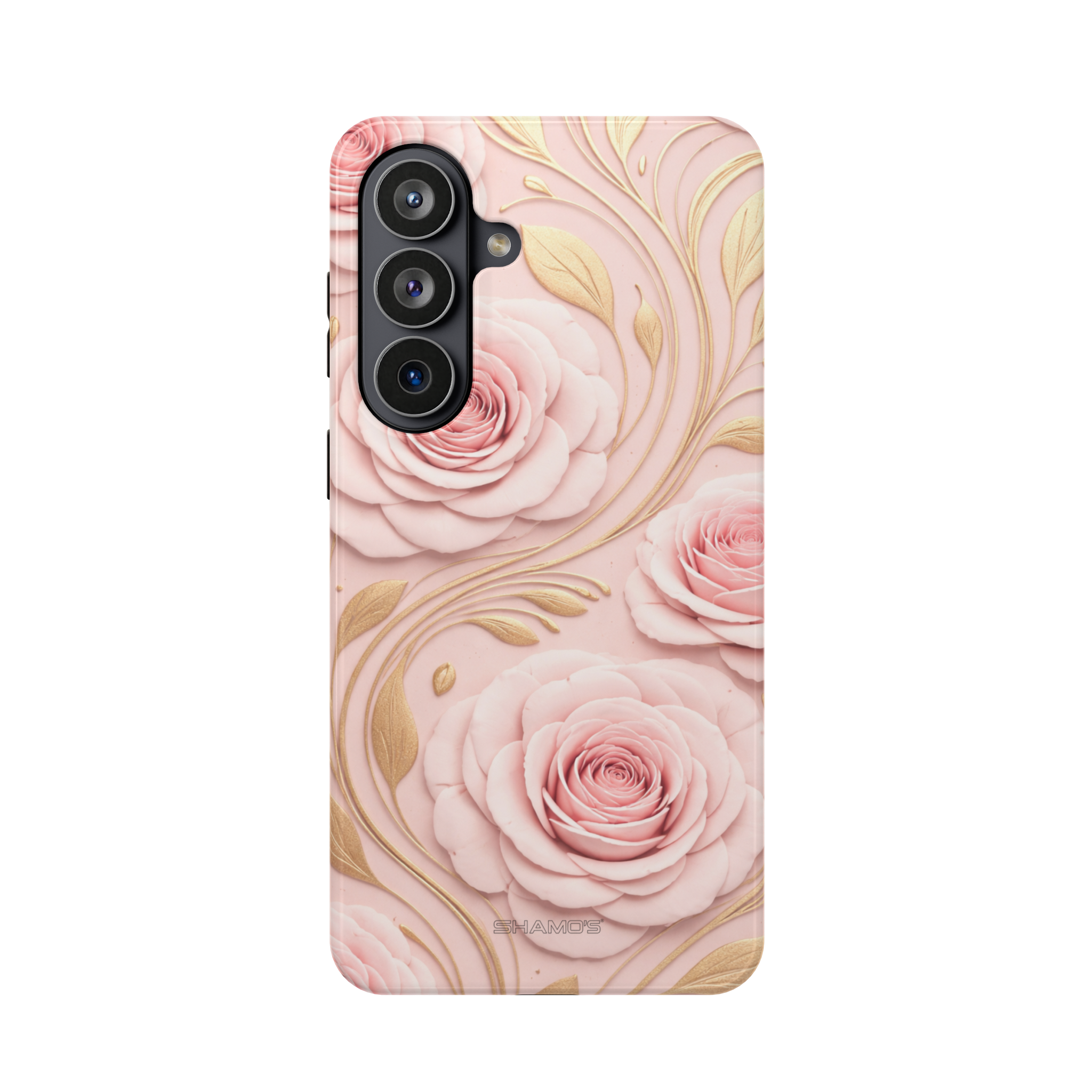 Coque florale rose vintage pour iPhone avec MagSafe, à feuilles dorées, magnétique et résistante aux chocs