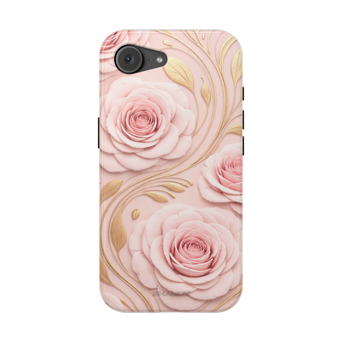 MagSafe iPhone-Hülle mit rosa Rosenmuster, Goldblatt-Magnet und stoßfest