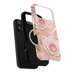 MagSafe iPhone-Hülle mit rosa Rosenmuster, Goldblatt-Magnet und stoßfest