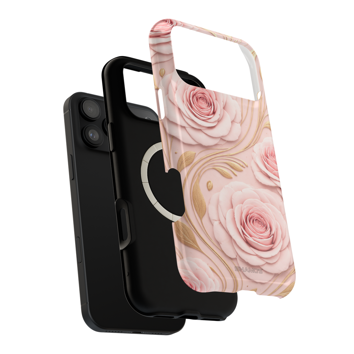 MagSafe iPhone-Hülle mit rosa Rosenmuster, Goldblatt-Magnet und stoßfest