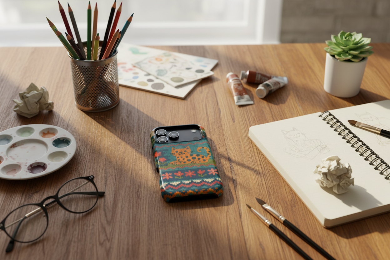 Art supplies desk flatlay