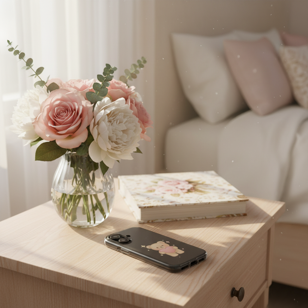 Bedside table with flowers