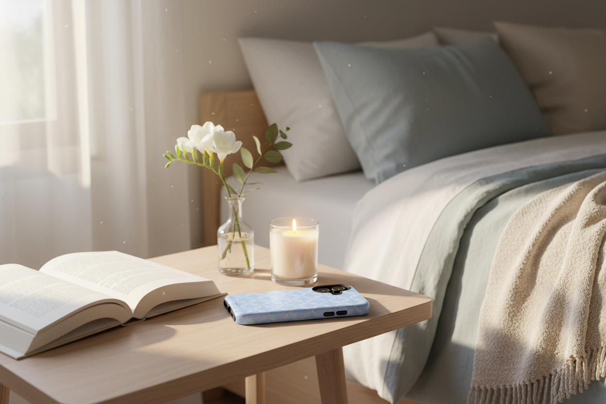 Blue chain phone case bedside