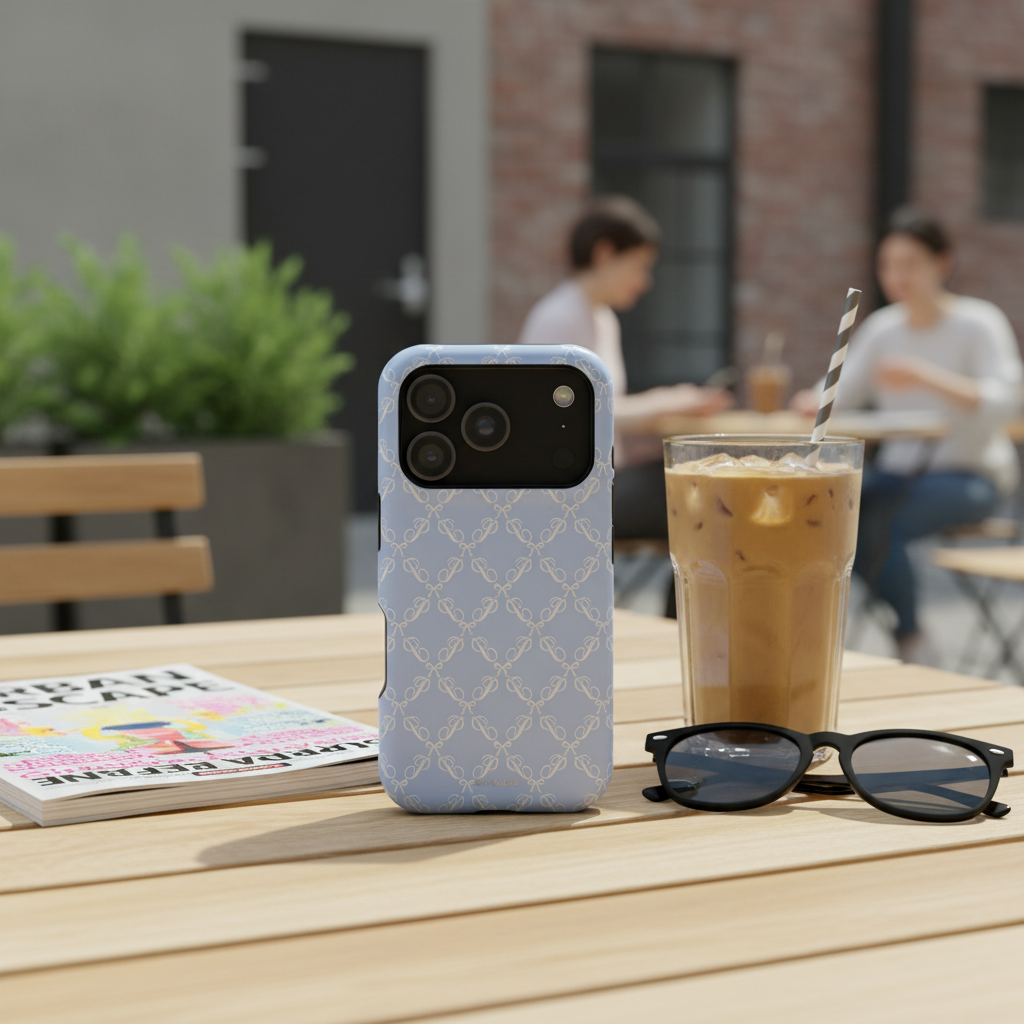 Blue chain phone case cafe patio