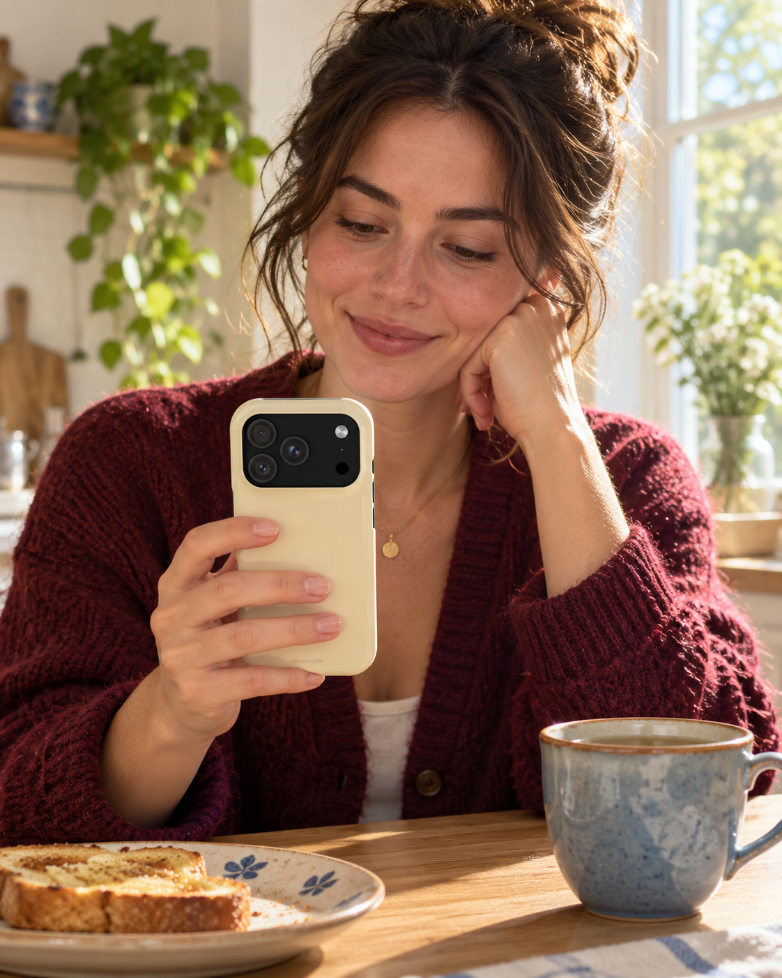 Woman holding a buttercream phone case at a sunlit breakfast table
