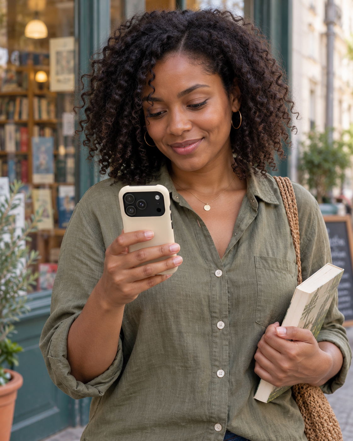 Woman holding a buttercream phone case outside a neighborhood bookshop