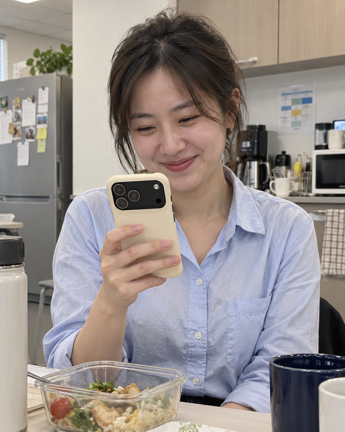 Woman smiling at her phone in a buttercream case during a lunch break