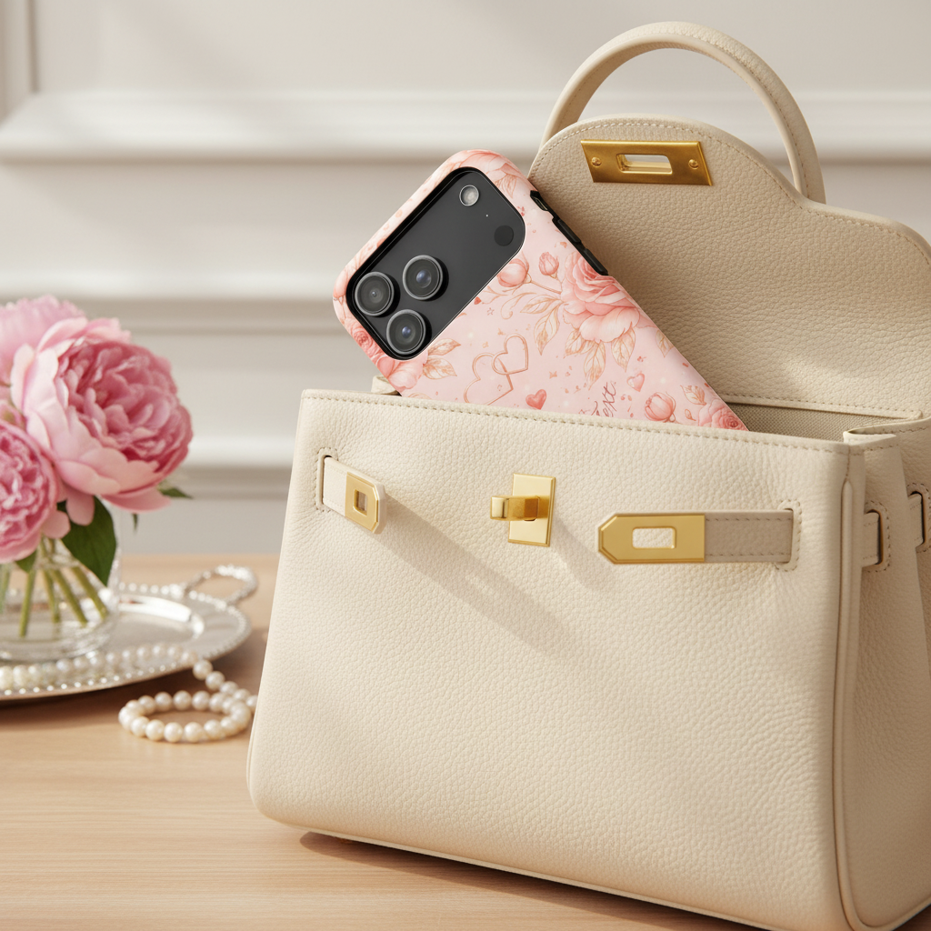 Case peeking from handbag