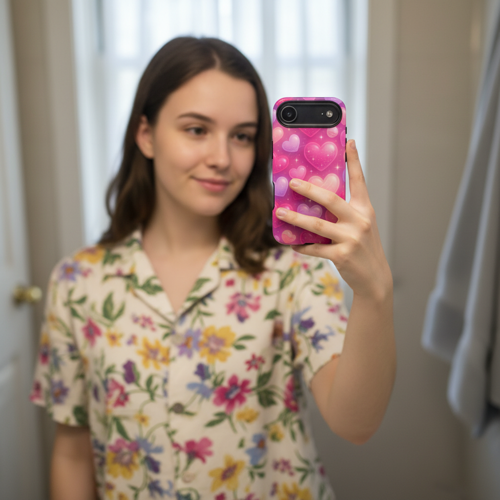 Casual mirror selfie - different woman in floral shirt