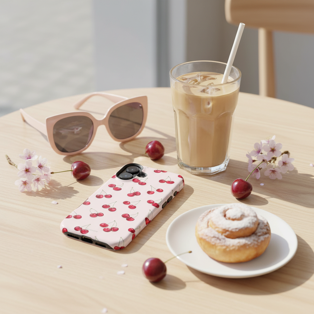 Cherry case cafe flatlay