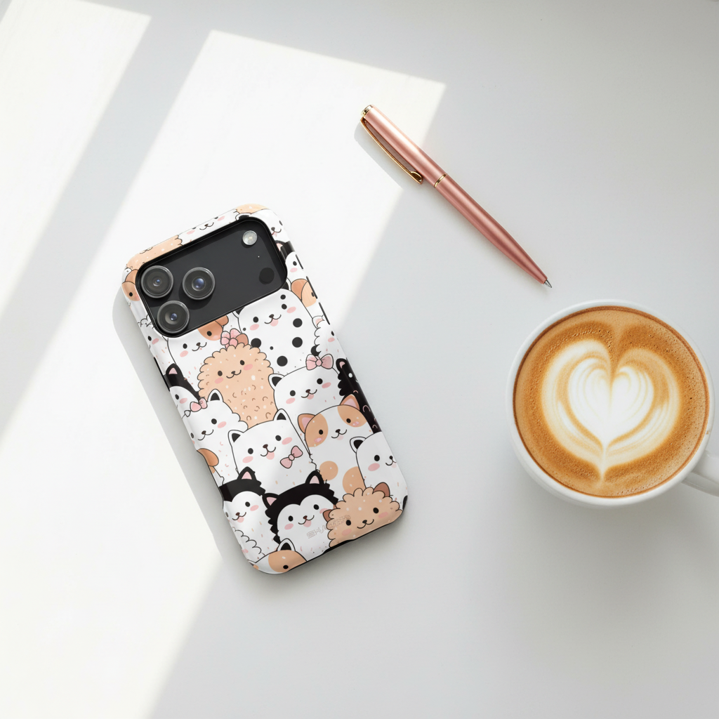 Desk flatlay with latte