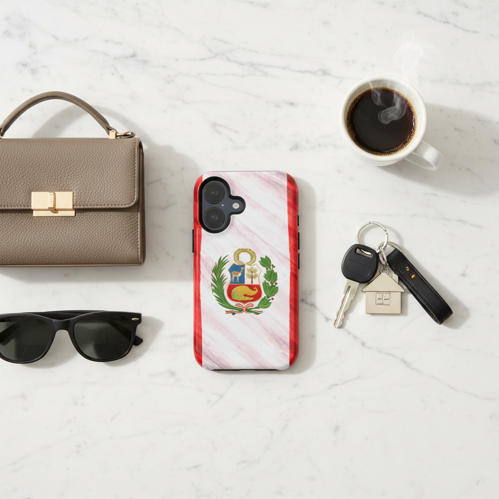 Flat lay with Peruvian flag case and accessories