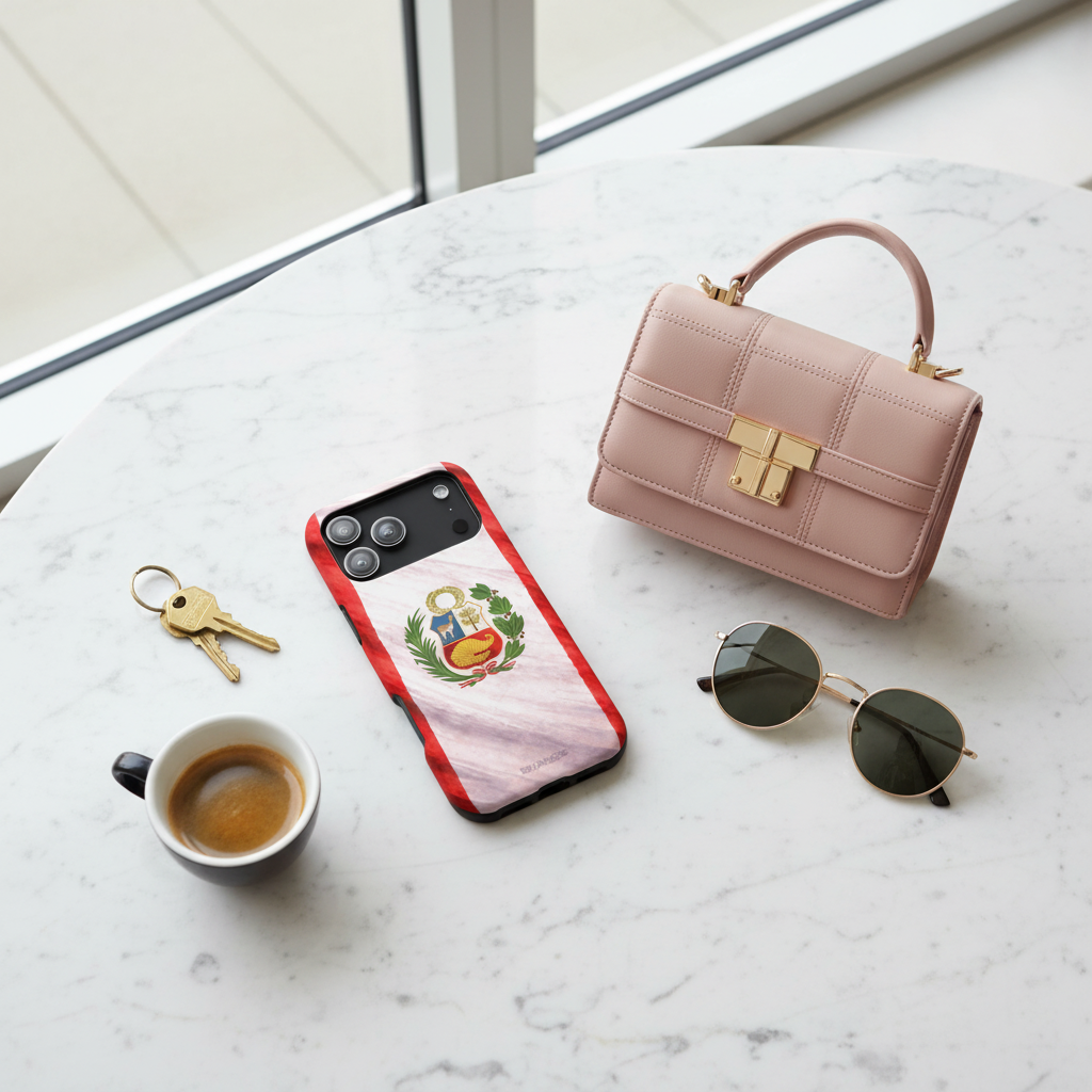 Flat lay with Peruvian flag case and accessories