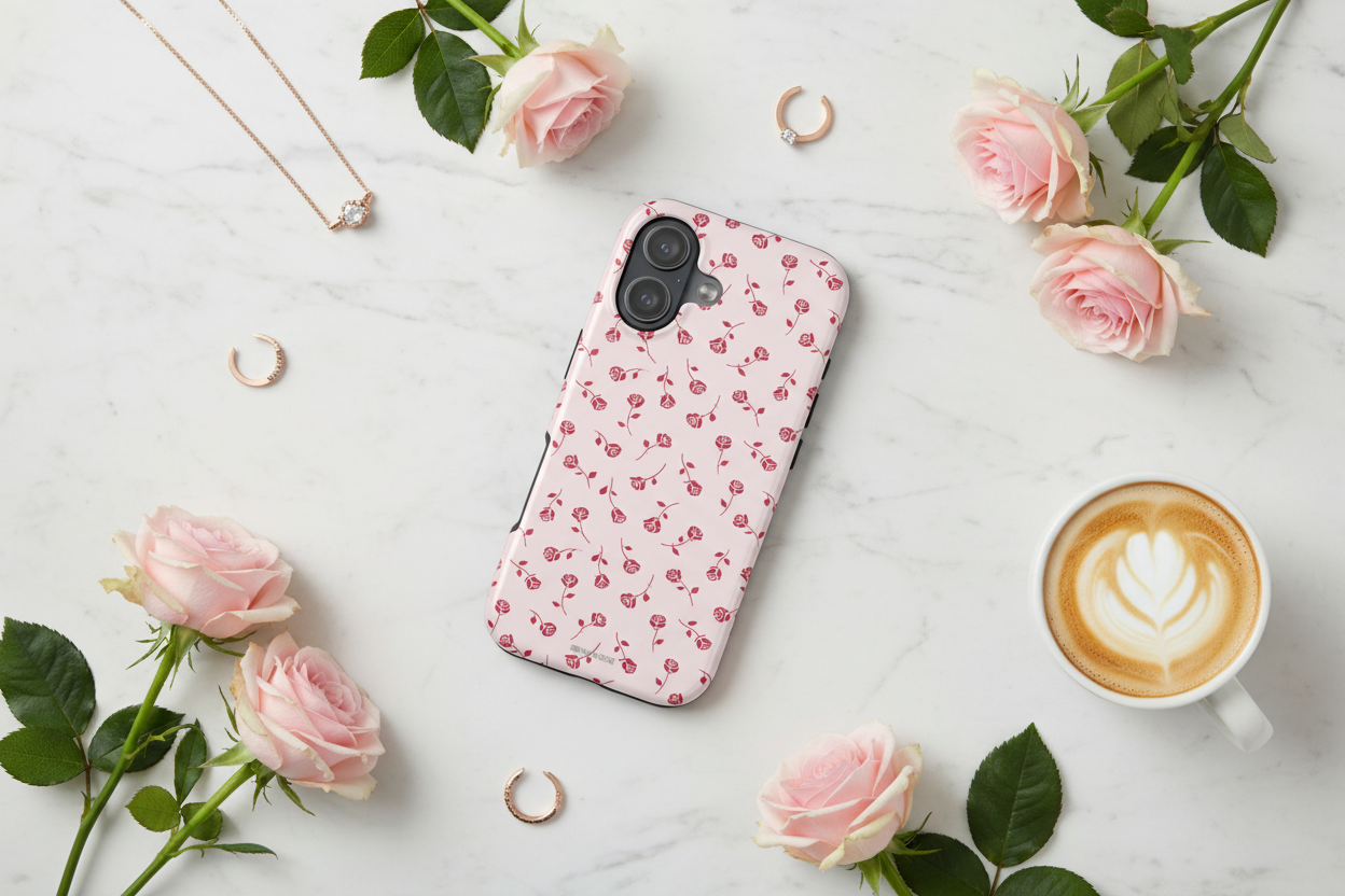 Flat lay with pink rose case