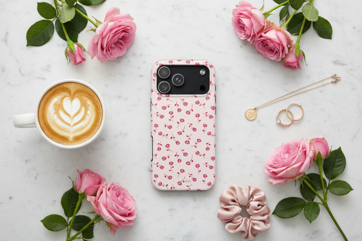 Flat lay with pink rose case
