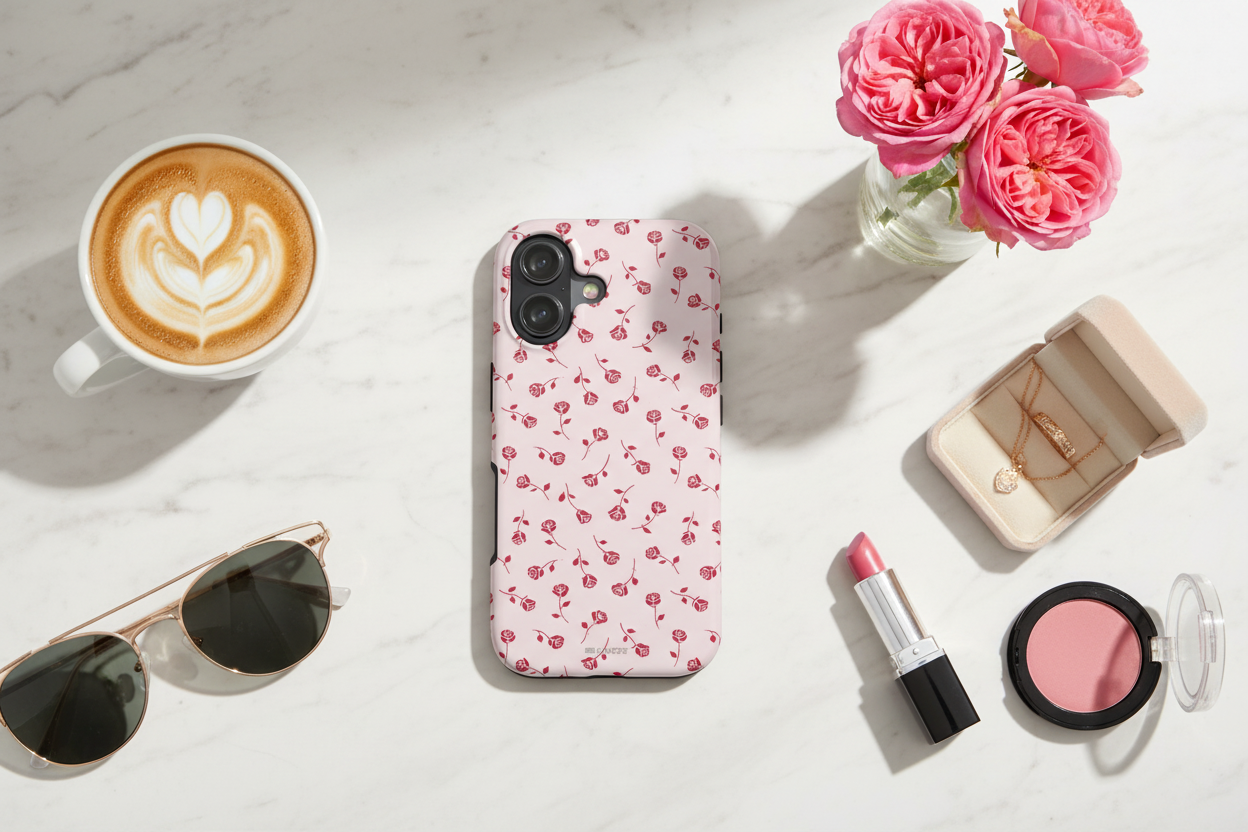 Flat lay with pink rose phone case and accessories