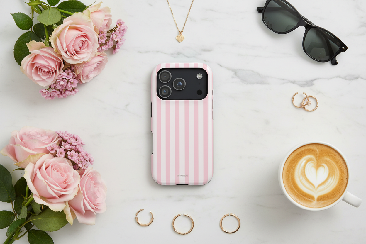 Flat lay with pink stripe case