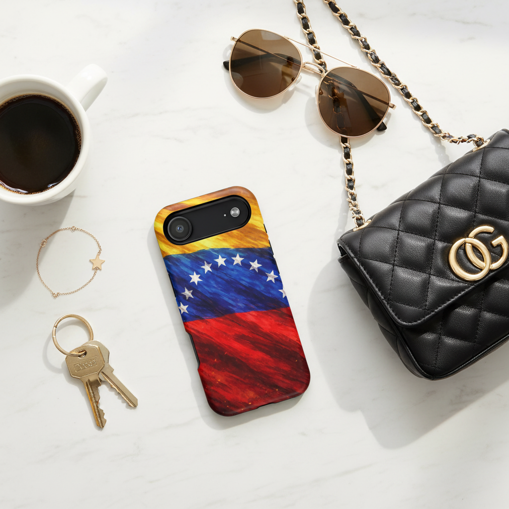 Flat lay with Venezuelan flag case and accessories