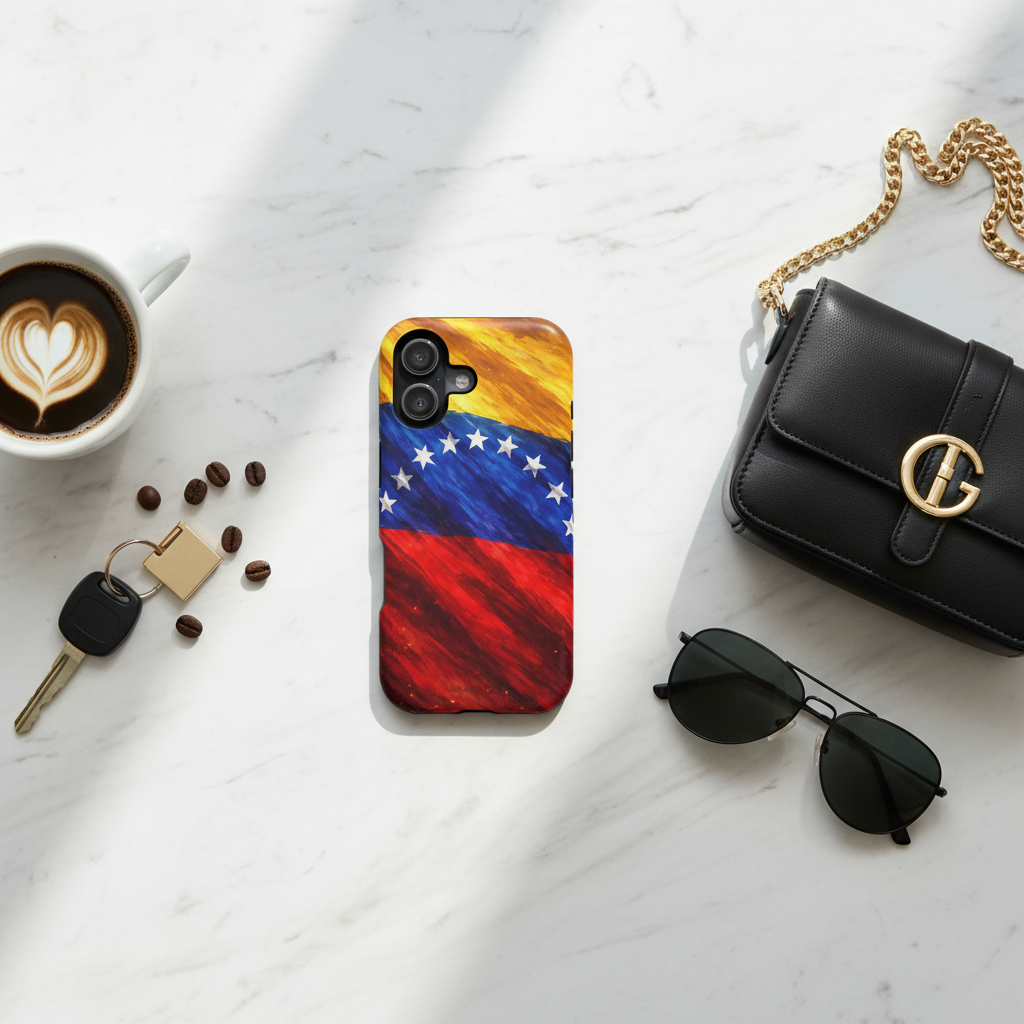 Flat lay with Venezuelan flag case and accessories
