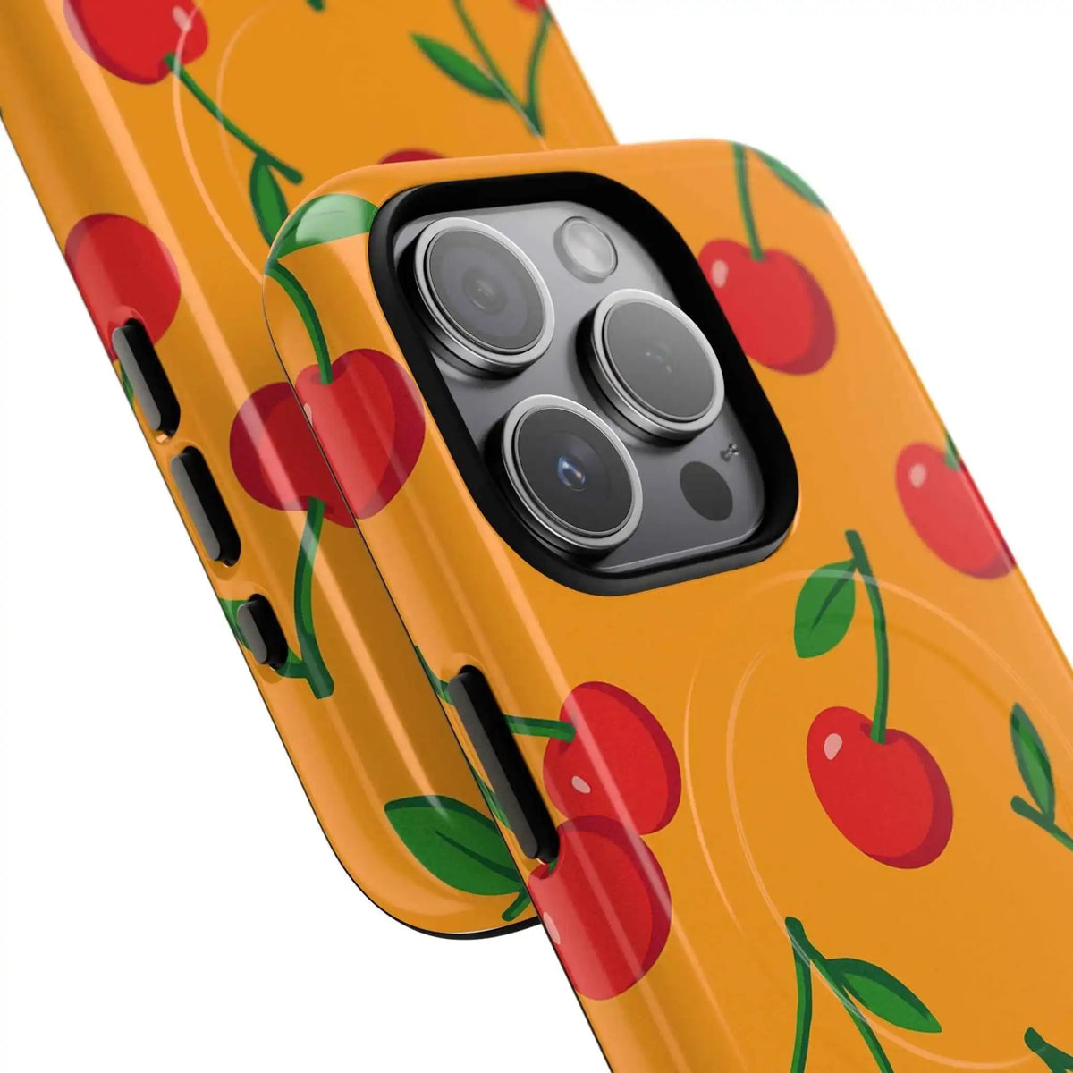Orange cherry MagSafe case overlapping camera detail #iphone-15-pro-max